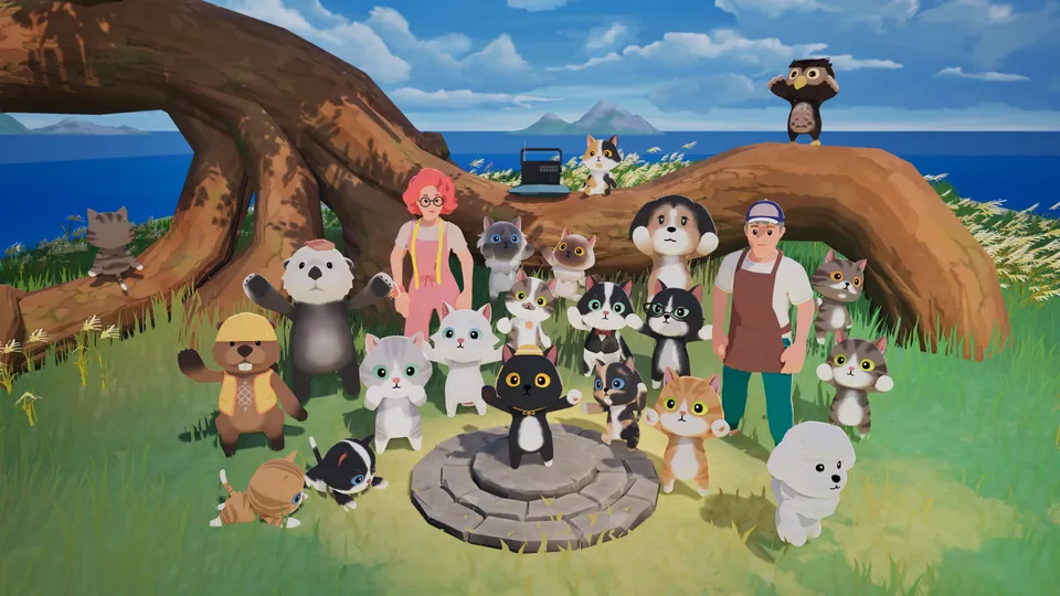 Savi stands on a stone platform surrounded by cats, dogs, other animals and people gathered under a large tree by the sea.