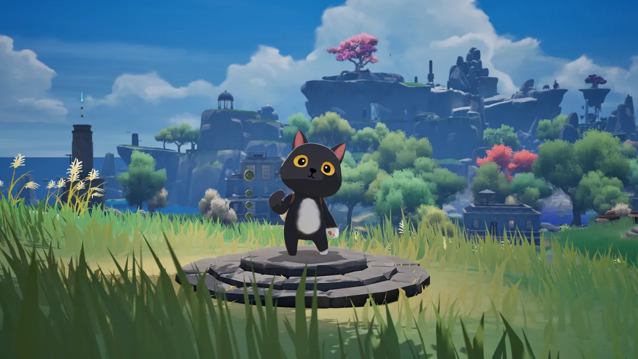 Savi, a black-and-white cat, stands on a round stone platform in a grassy meadow, with cliffs, ruins and a lighthouse in the distance.