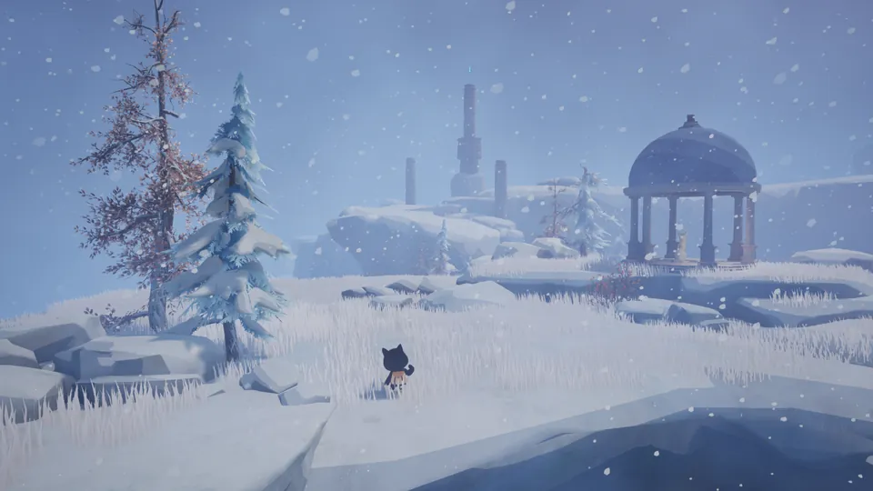 Savi walks through a snowy landscape toward a domed pavilion as snow falls.